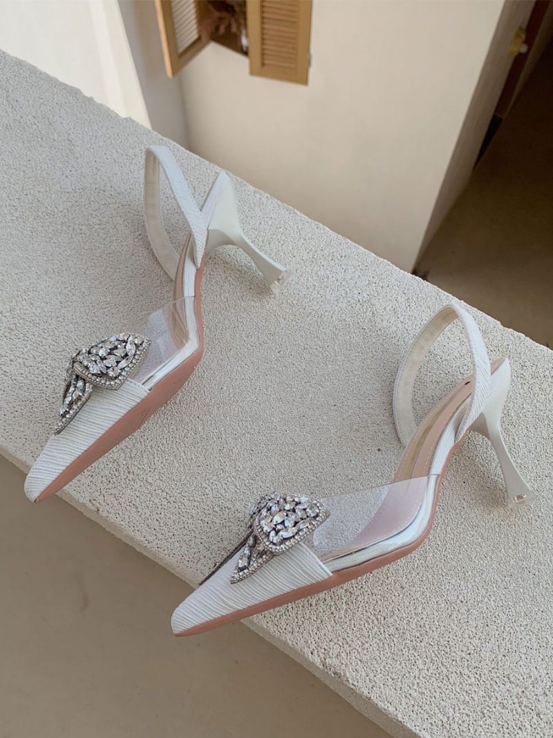 Escarpins À Talons Chaton Pour Femmes Bout Pointu Noir Avec Strass Chaussures Soirée Bride Arrière - Beige