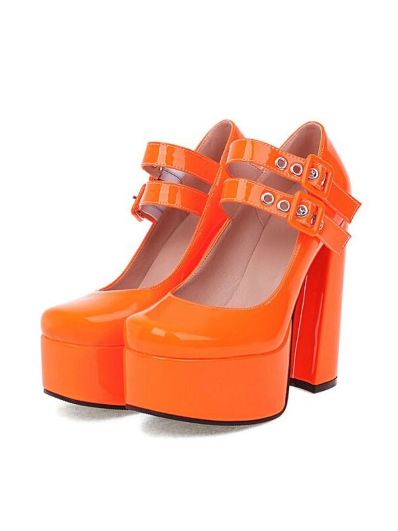 Escarpins À Talons Épais Et Plateforme Mary Jane Double Boucles Pour Femmes - Orange Rouge