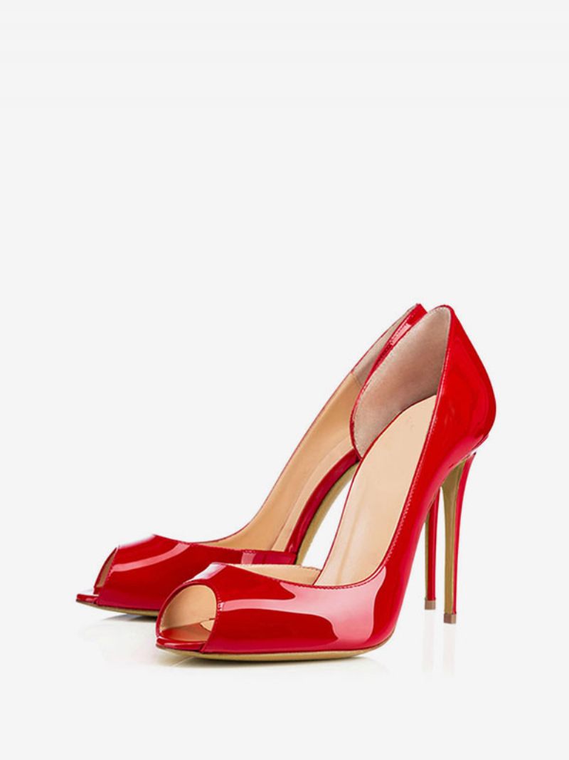 Escarpins À Talons Hauts Cuir Verni Bout Ouvert Pour Femme Noir - Rouge