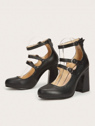 Escarpins À Talons Hauts Et Épais Pour Femmes Chaussures Vintage Cuir Pu Noir Avec Bride La Cheville