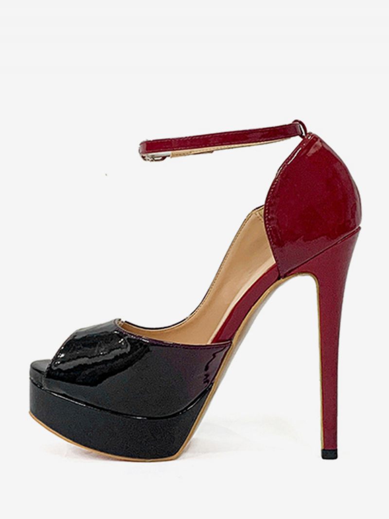 Escarpins À Talons Hauts Et Plateforme Bout Ouvert Bride La Cheville Pour Femmes - Noir+Rouge