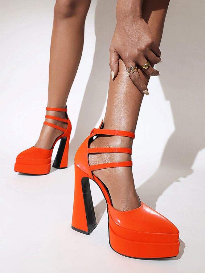 Escarpins À Talons Hauts Pour Femmes Bout Pointu Plateforme Talon Épais Bride La Cheville Pu Verni - Orange Rouge