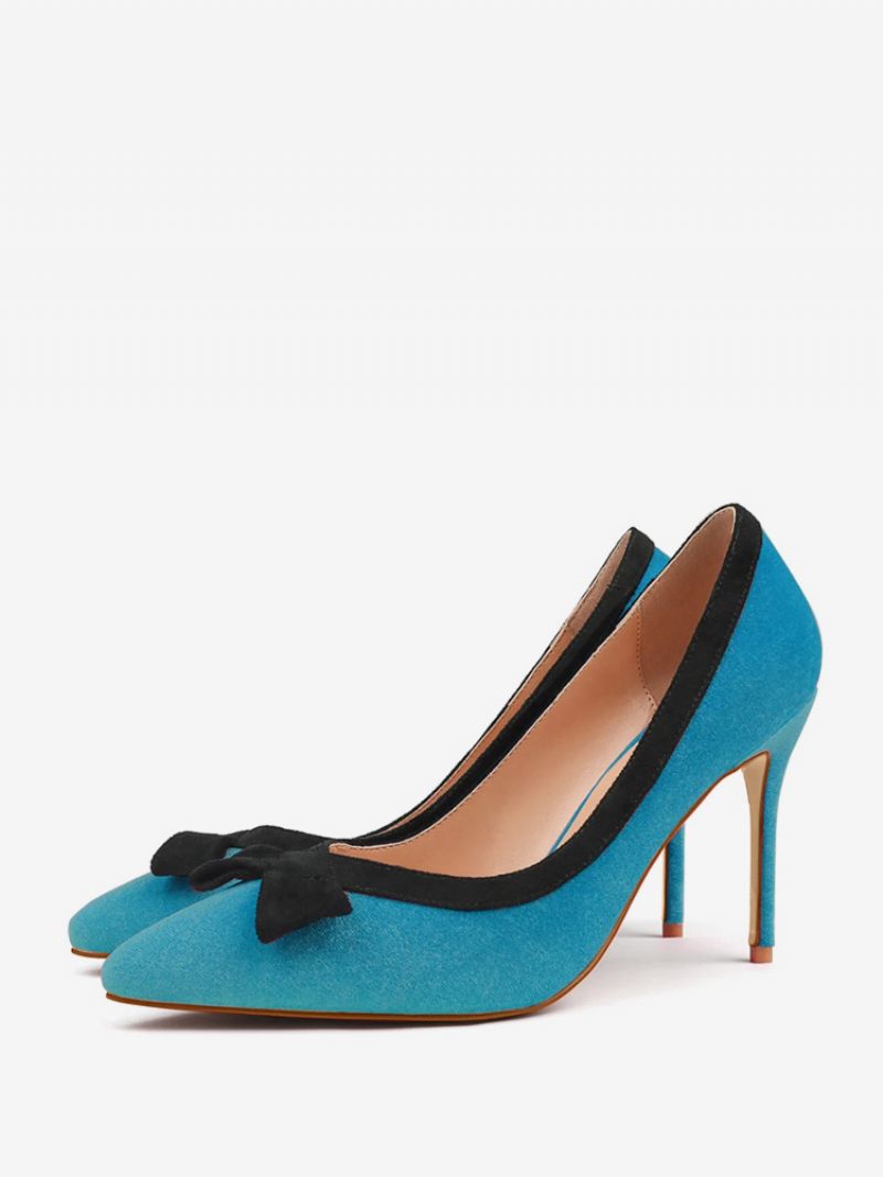 Escarpins À Talons Hauts Pour Femmes Enfiler Daim Bout Pointu Avec Nœud - Bleu Cyan