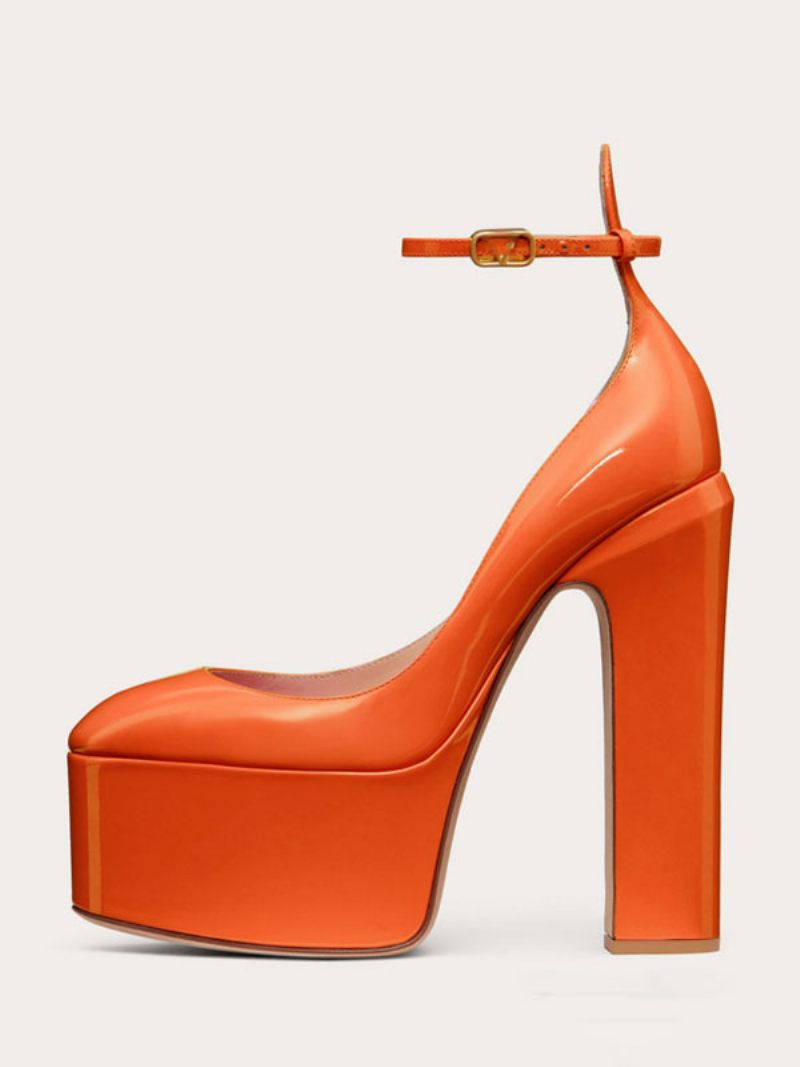 Escarpins À Talons Hauts Pour Femmes Plateforme Bout Rond Talon Épais Bride La Cheville - Orange