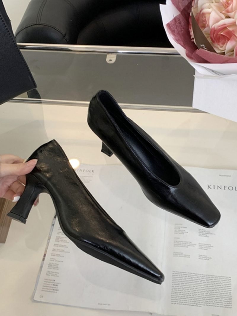 Escarpins À Talons Hauts Noirs Pour Femmes Bout Carré Talon Épais Enfiler - Noir