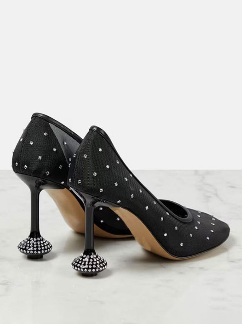 Escarpins À Talons Hauts Noirs Maille Pour Femmes Bout Carré Strass Forme Spéciale - Noir