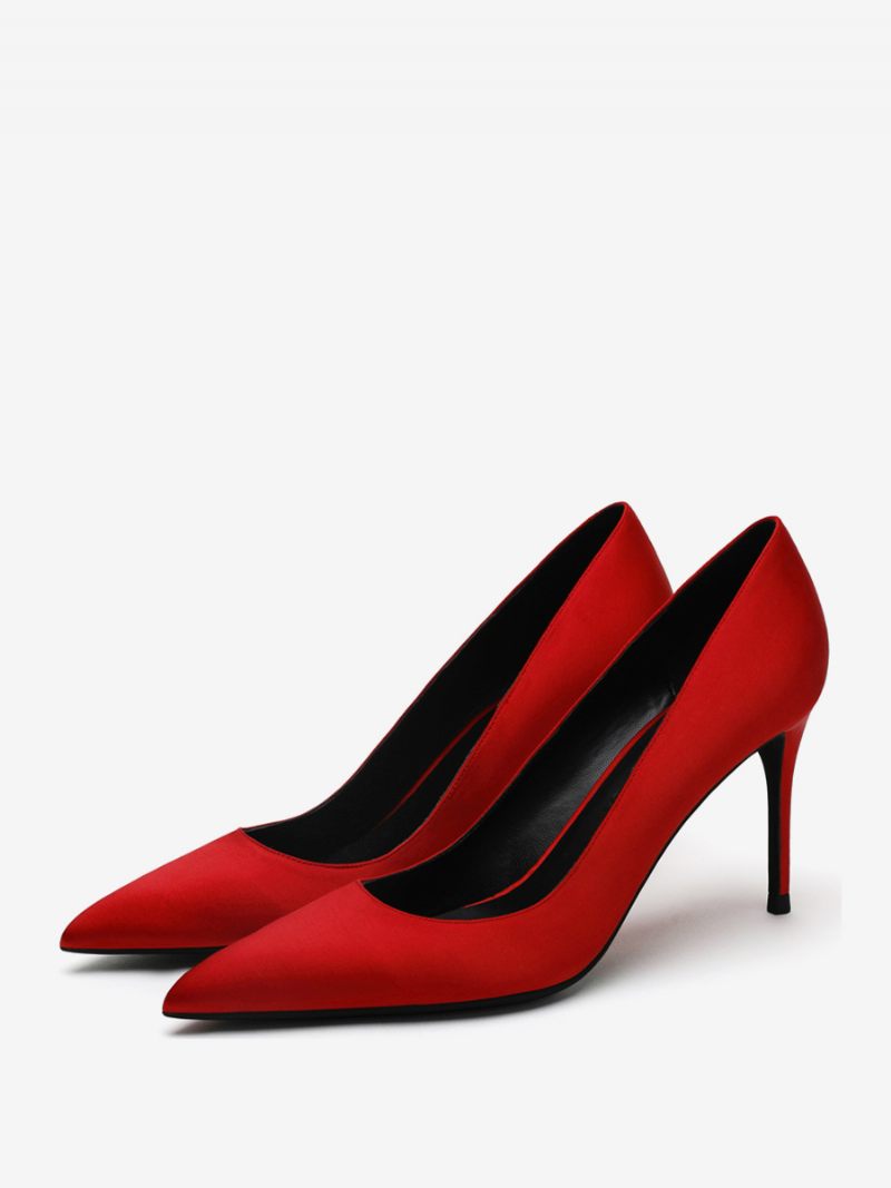 Escarpins À Talons Hauts Satin Pour Femmes Noirs Bout Pointu Et Aiguilles - Rouge