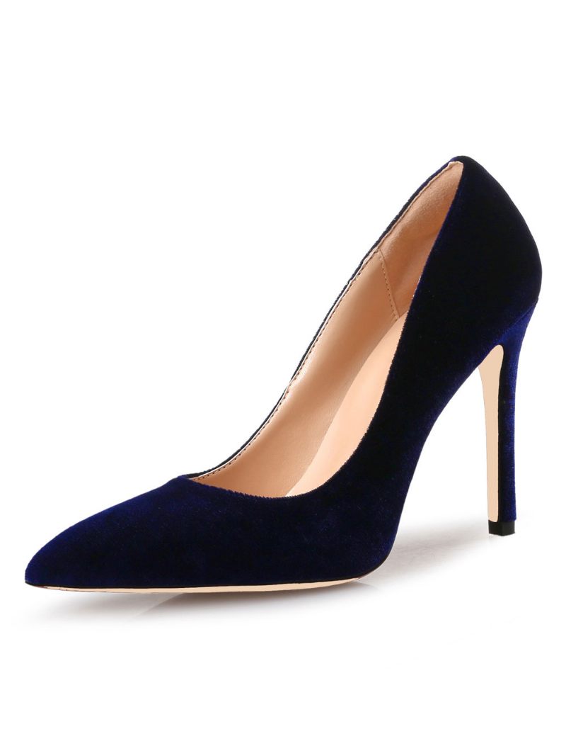 Escarpins À Talons Hauts Velours Bleu Royal Bout Pointu Talon Aiguille Enfiler Chaussures Pour Femmes