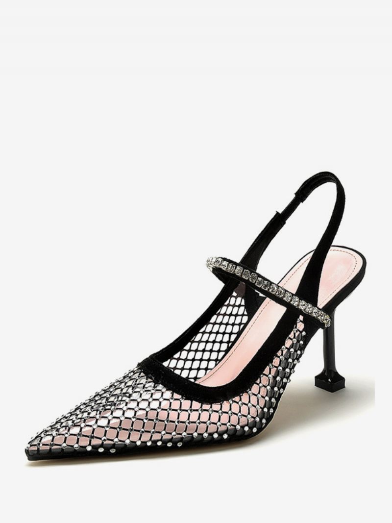 Escarpins À Talons Slingback Maille Avec Strass Noirs Pour Femmes Chaussures Soirée