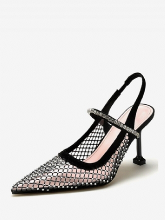 Escarpins À Talons Slingback Maille Avec Strass Noirs Pour Femmes Chaussures Soirée