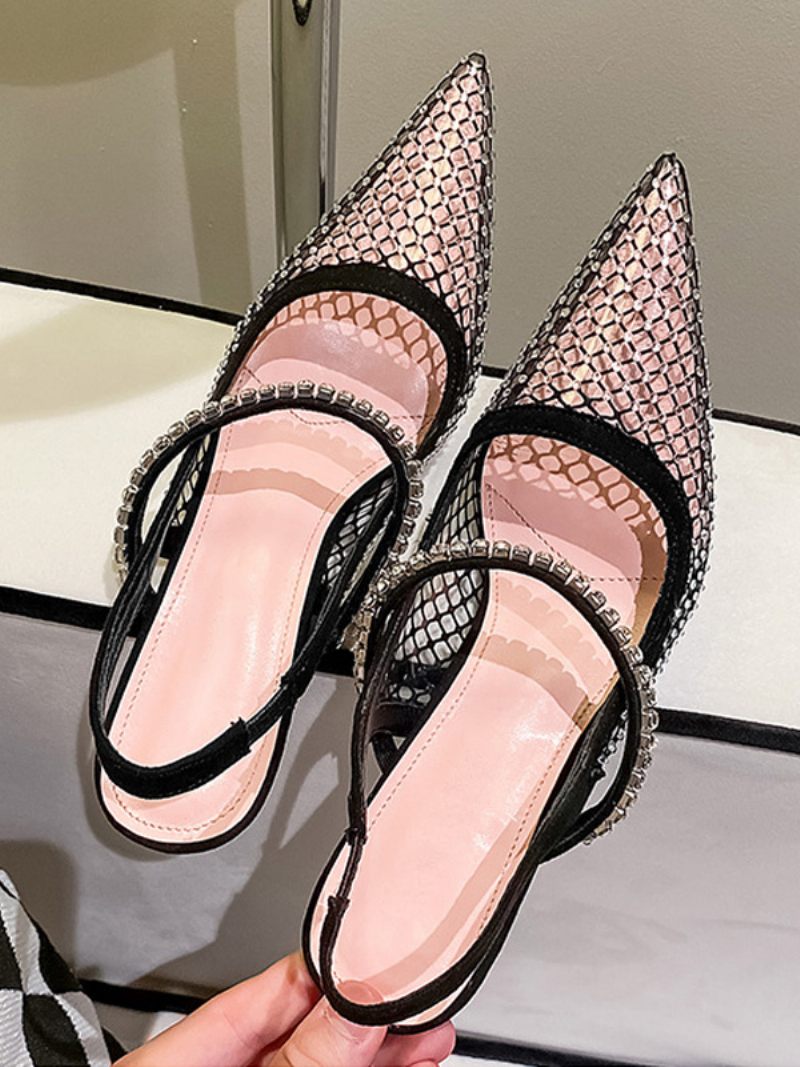 Escarpins À Talons Slingback Maille Avec Strass Noirs Pour Femmes Chaussures Soirée - Noir