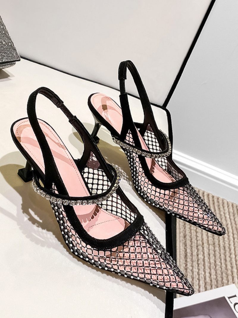 Escarpins À Talons Slingback Maille Avec Strass Noirs Pour Femmes Chaussures Soirée - Noir