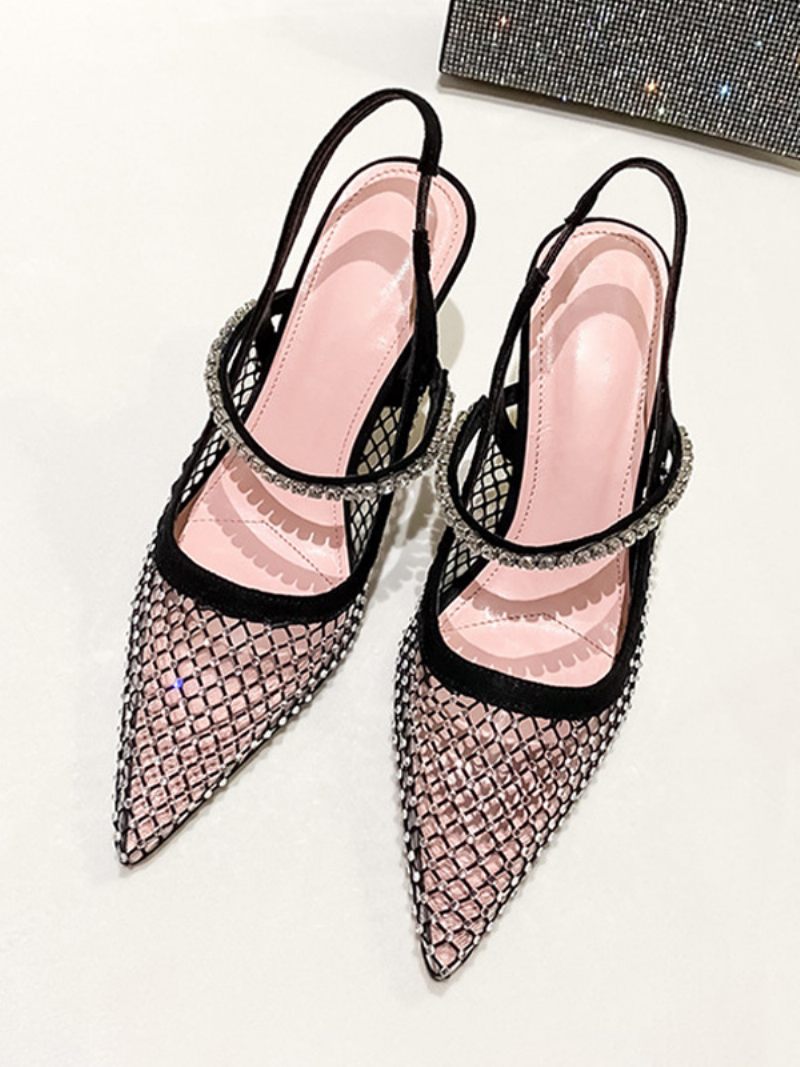 Escarpins À Talons Slingback Maille Avec Strass Noirs Pour Femmes Chaussures Soirée - Noir