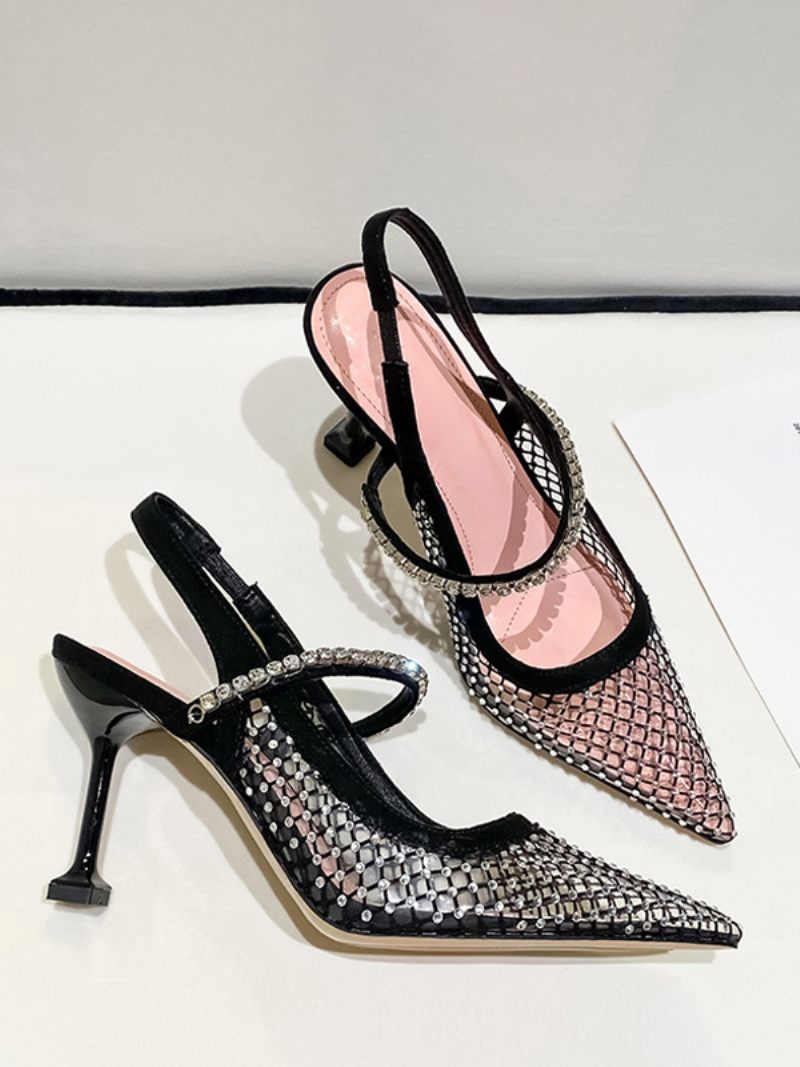 Escarpins À Talons Slingback Maille Avec Strass Noirs Pour Femmes Chaussures Soirée - Noir