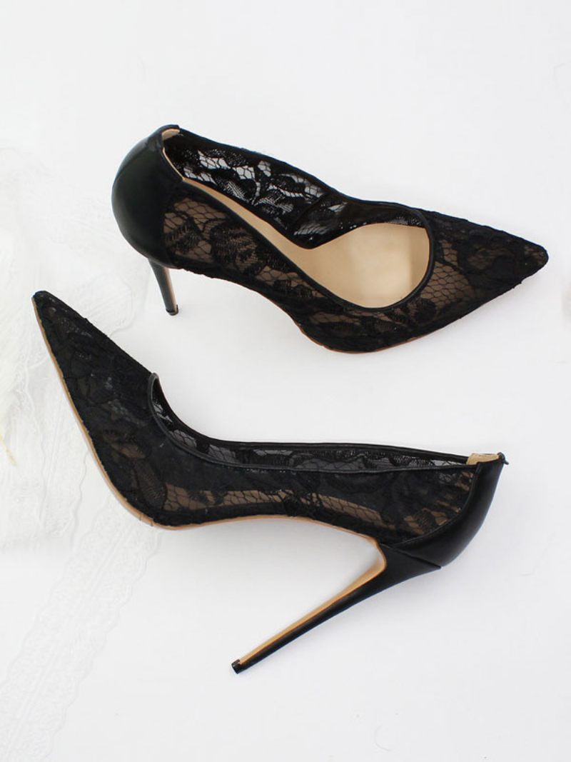 Femmes Dentelle Escarpins Mariée Talon Aiguille Bout Pointu Talons Noirs - Noir