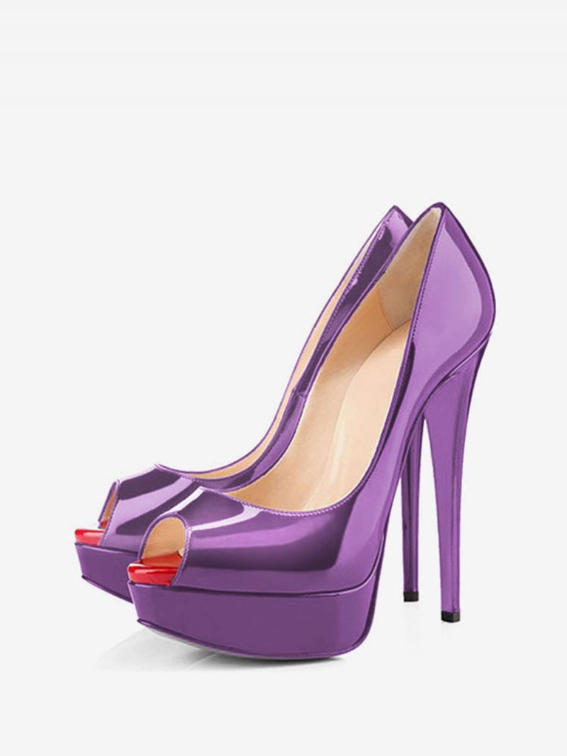 Femmes Noir Peep Toe Talons Plateforme Escarpins À Aiguilles Chaussures Sexy - Violet Foncé