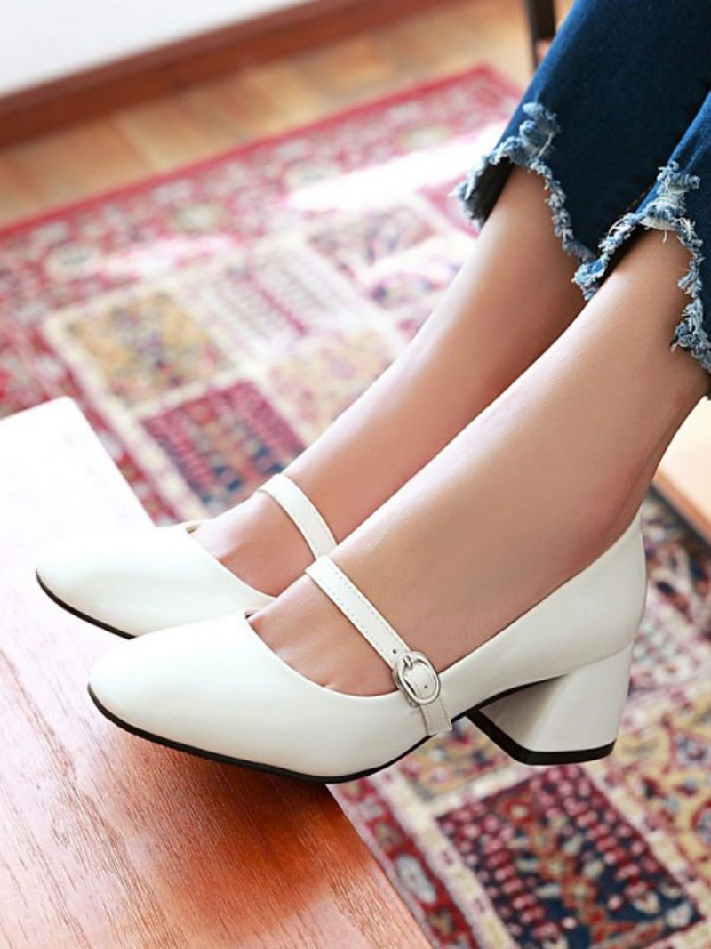 Femmes Rouge Mi Talons Bas Bout Rond Cuir Pu Jolies Escarpins Chaussures À Vintage - Blanc