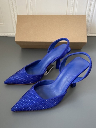 Femmes Slingback Talons Strass Talon Aiguille Bleu Escarpins Pu Cuir