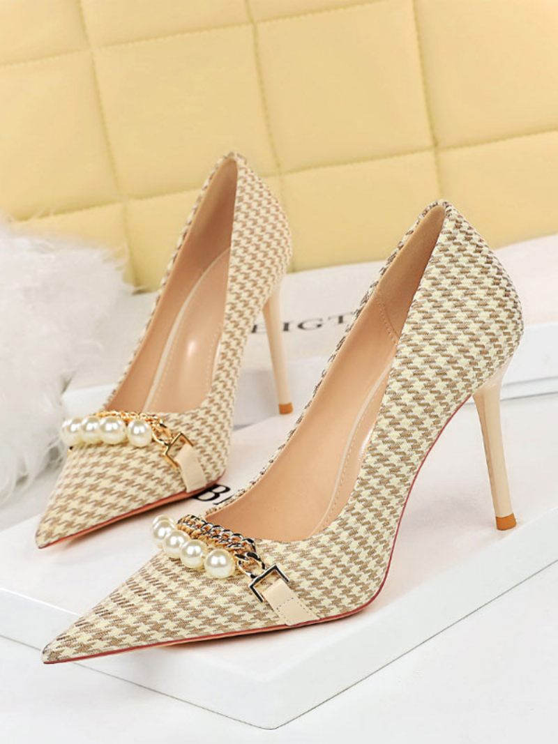 Femmes Talons Hauts Plaid Perles Escarpins Chic Bout Pointu Talon Aiguille Polyester - Jaune Clair