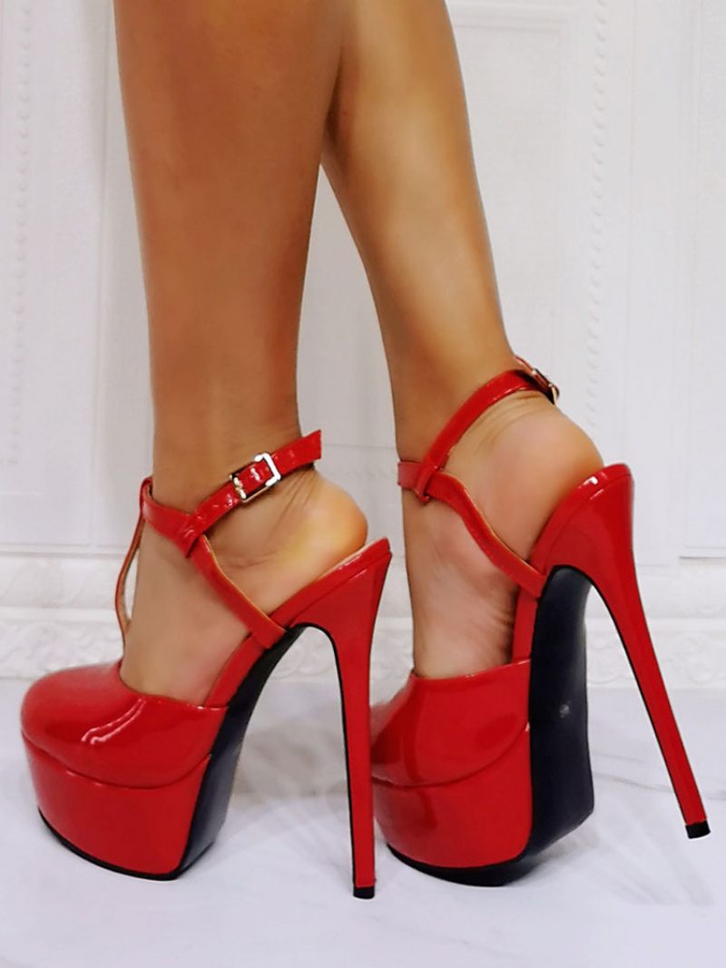 Sandales Sexy À Talons Hauts Pour Femmes Vernis Rouge Pu Bout Ouvert Bride La Cheville - Rouge