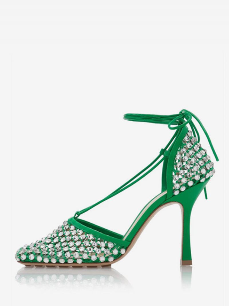 Sandales À Talons Pour Femmes Bout Carré Strass Chaussures Soirée Hauts - Vert