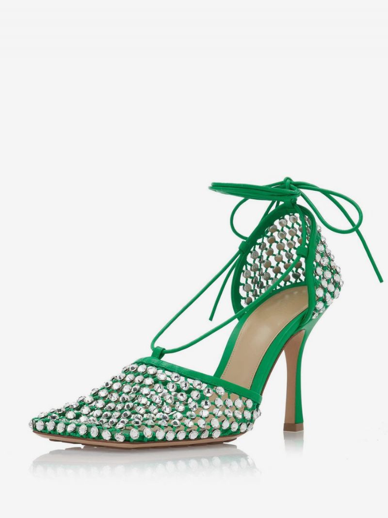 Sandales À Talons Pour Femmes Bout Carré Strass Chaussures Soirée Hauts - Vert