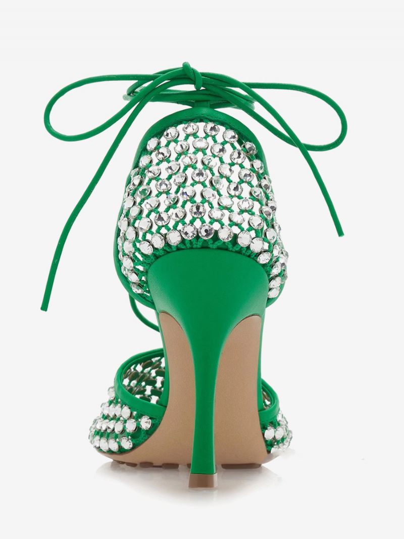 Sandales À Talons Pour Femmes Bout Carré Strass Chaussures Soirée Hauts - Vert