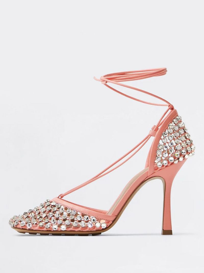 Sandales À Talons Pour Femmes Bout Carré Strass Chaussures Soirée Hauts - Rose