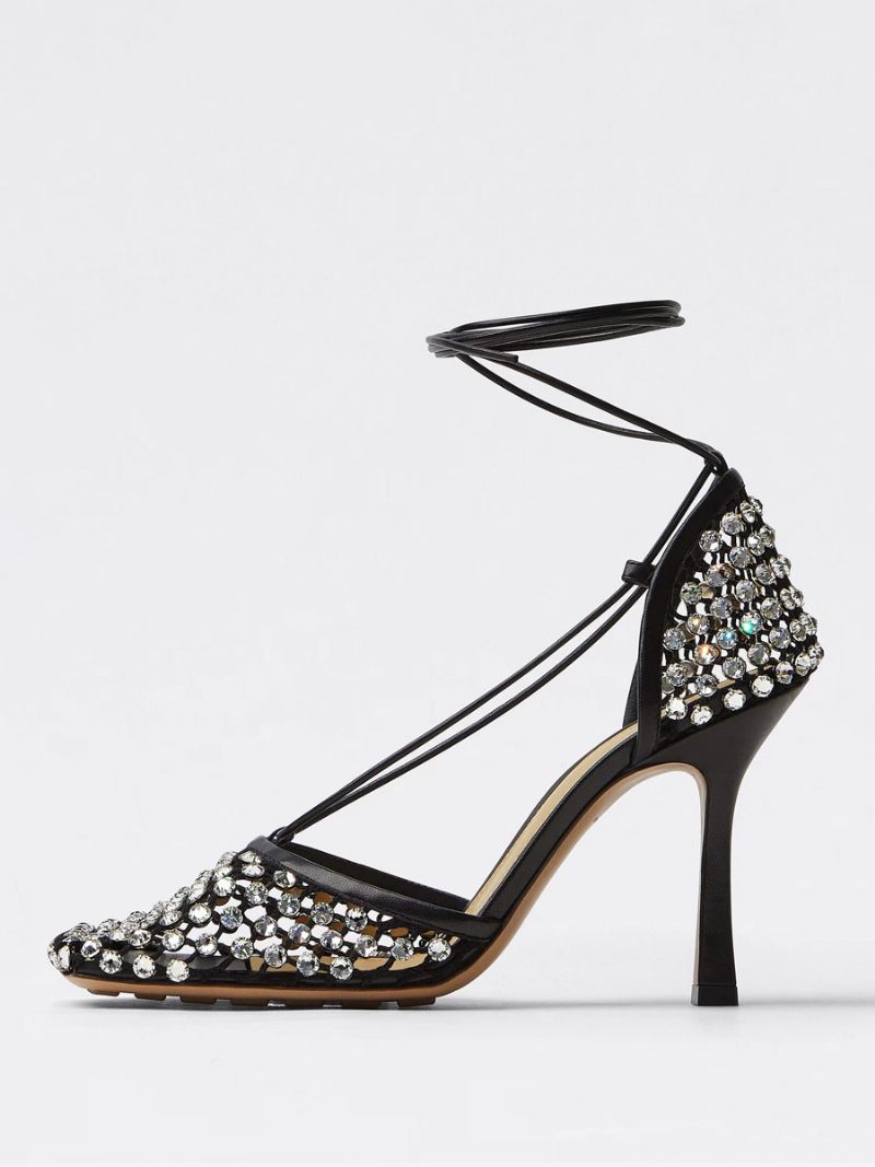 Sandales À Talons Pour Femmes Bout Carré Strass Chaussures Soirée Hauts - Noir