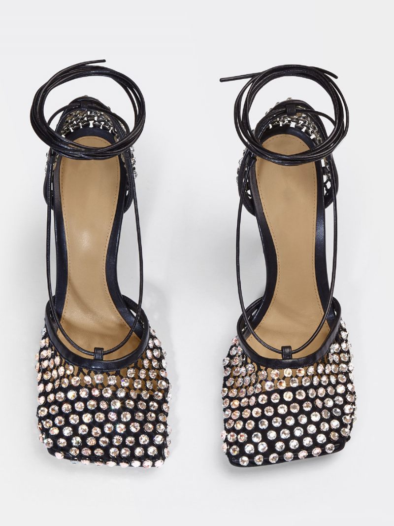 Sandales À Talons Pour Femmes Bout Carré Strass Chaussures Soirée Hauts - Noir