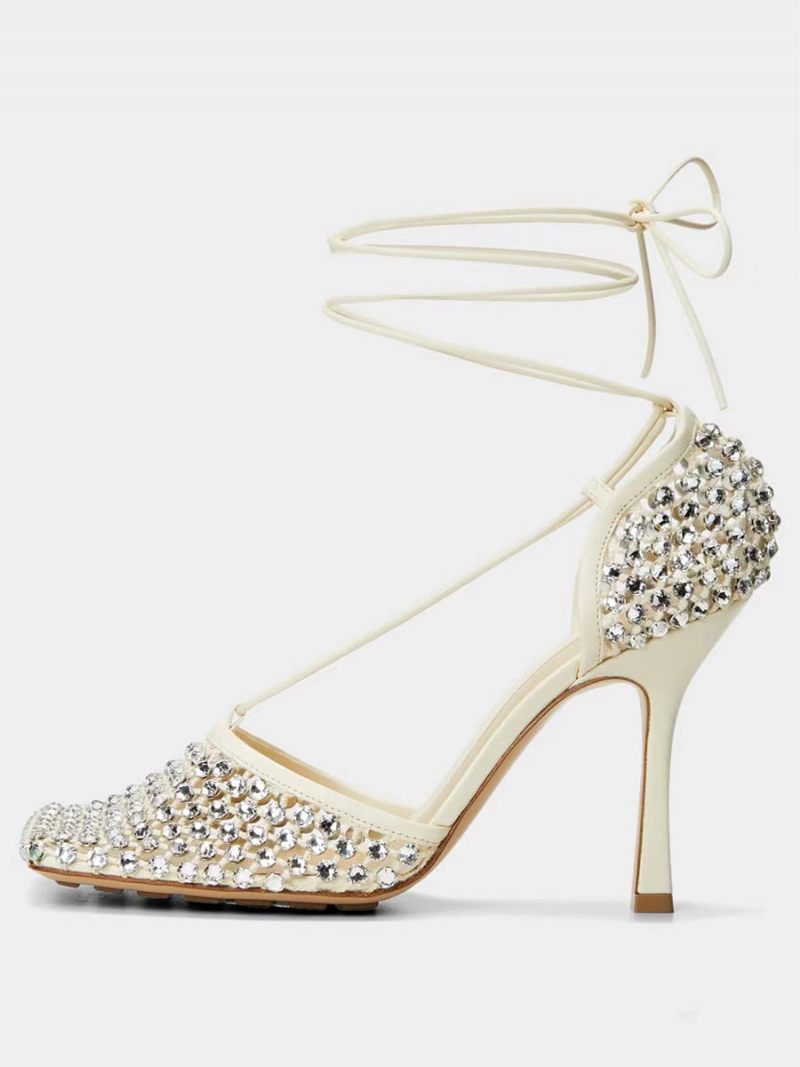 Sandales À Talons Pour Femmes Bout Carré Strass Chaussures Soirée Hauts - Blanc