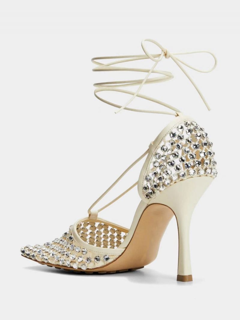 Sandales À Talons Pour Femmes Bout Carré Strass Chaussures Soirée Hauts - Blanc