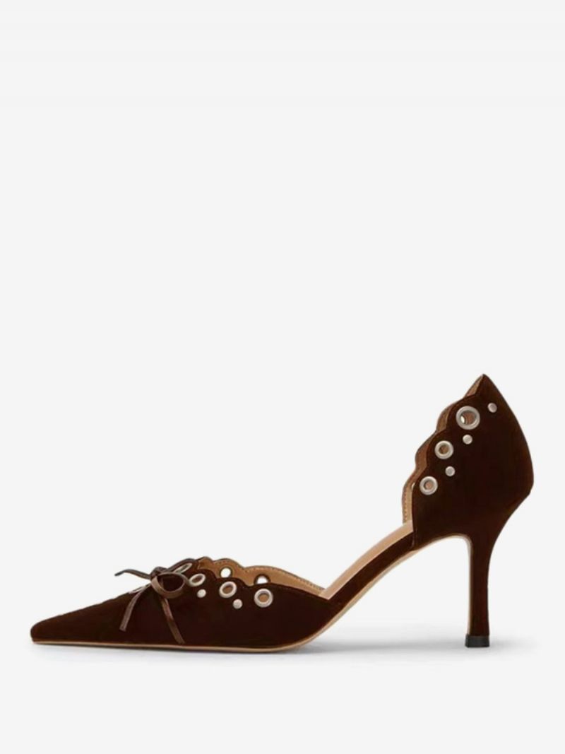 Sandales À Talons Pour Femmes Bout Pointu Talon Aiguille Daim Monogramme - Marron Café