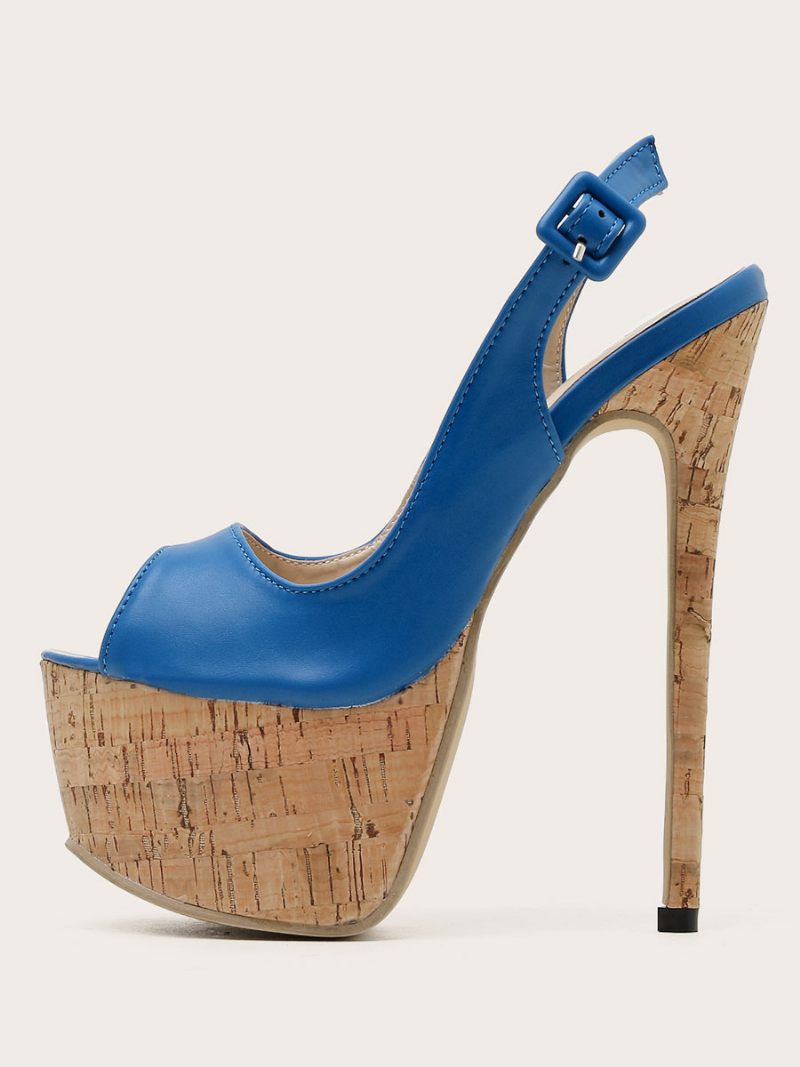 Sandales À Talons Pour Femmes Talon Aiguille Cuir Pu Bout Ouvert Bleu Hauts Escarpins Bride Arrière - Bleu