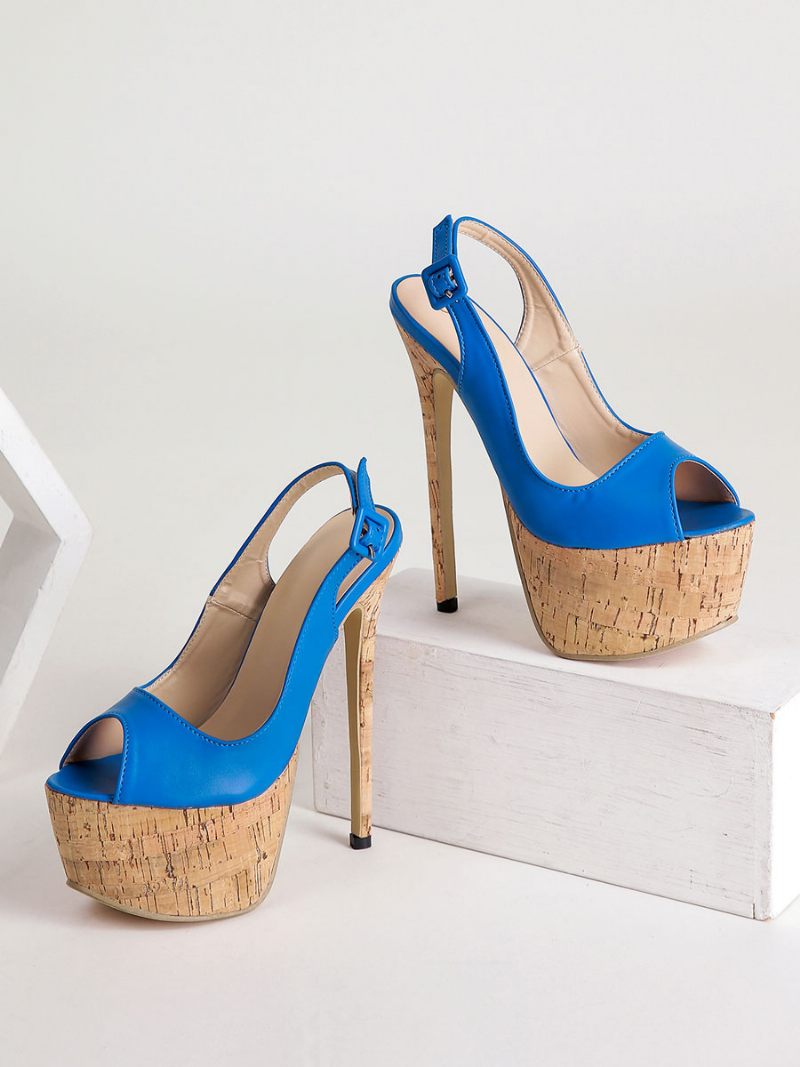 Sandales À Talons Pour Femmes Talon Aiguille Cuir Pu Bout Ouvert Bleu Hauts Escarpins Bride Arrière - Bleu