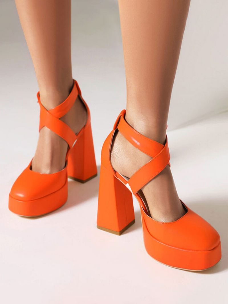 Talons Pour Femmes Escarpins À Bout Rond Talon Épais Cuir Pu - Orange