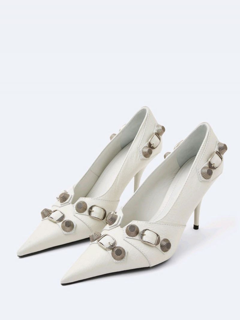 Talons Hauts Pour Femmes Bout Pointu Noir Aiguilles Escarpins Avec Détails Métal Vintage - Blanc