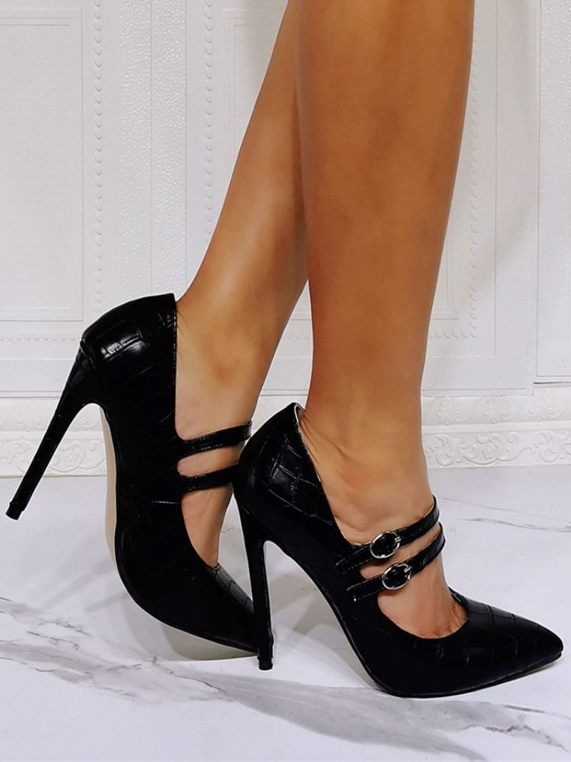 Talons Hauts Pour Femmes Bout Pointu Talon Aiguille Chic Noir Mary Jane - Noir