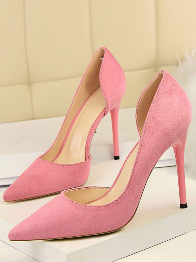 Talons Hauts Noirs Daim Bout Pointu Escarpins À Aiguilles Chaussures Habillées Pour Femmes - Rose