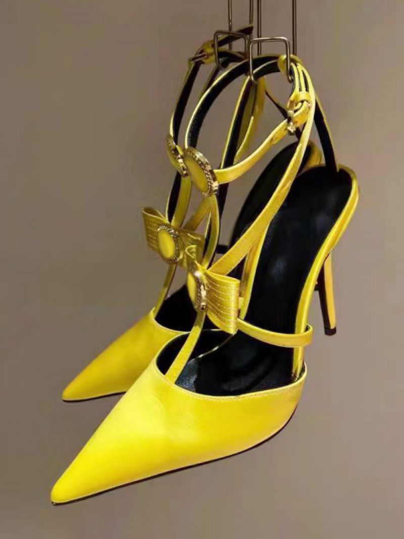 Talons Hauts Satin Pour Femmes Bout Pointu Nœud À Lanières Talon Aiguille Chaussures Bal - Jaune