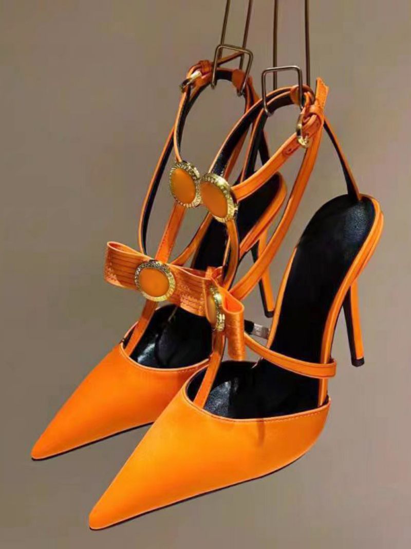 Talons Hauts Satin Pour Femmes Bout Pointu Nœud À Lanières Talon Aiguille Chaussures Bal - Orange