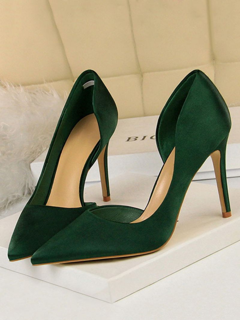 Talons Hauts Satin Pour Femmes Escarpins À Bout Pointu Et Aiguilles - Vert Foncé