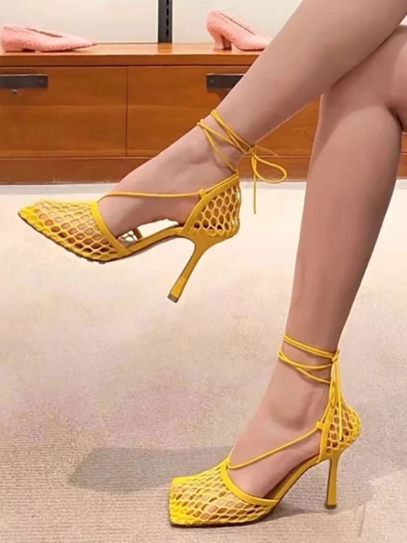 Talons Maille Verte Pour Femmes À Lacets Sandales Aiguilles Bout Carré - Jaune