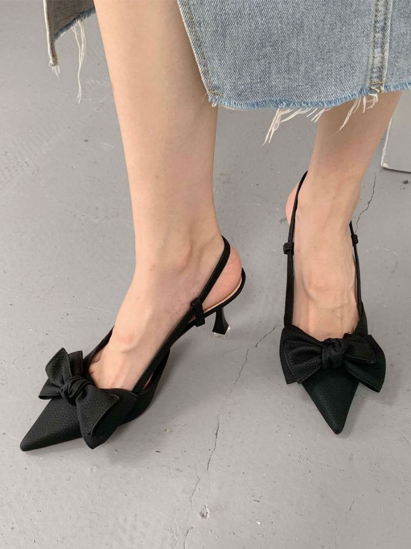 Talons Mi-bas Pour Femmes Nœuds Talon Aiguille Escarpins Cuir Pu - Noir