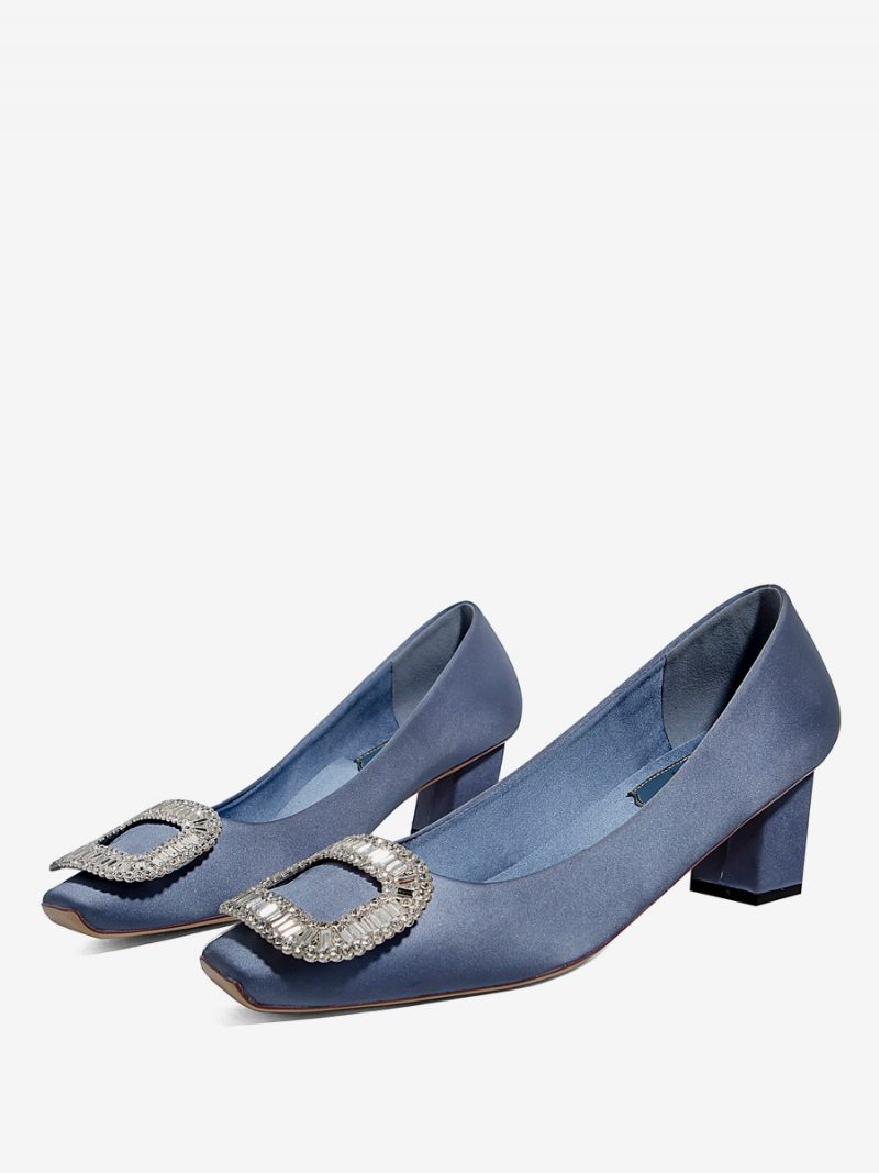 Talons Mi-bas Pour Femmes Satin Noirstrass Bout Carré Escarpins À Épais Fête Noir - Bleu Ciel Clair