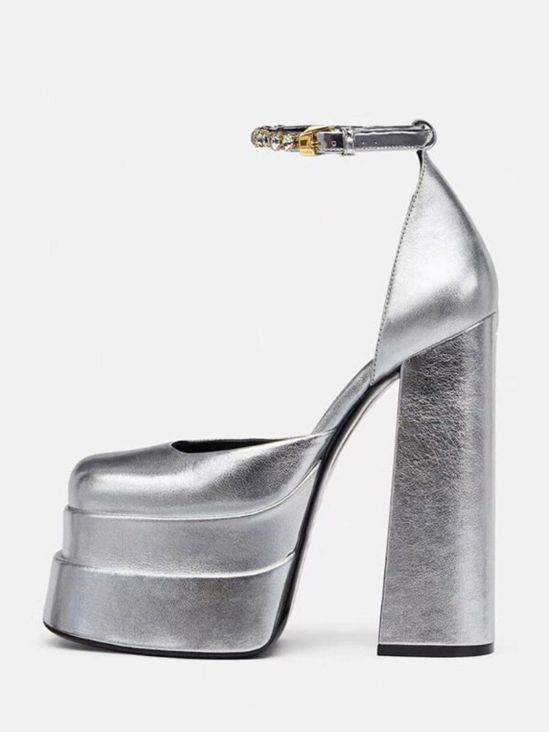 Talons Plateforme Argentés Métalliques Pour Femmes Bout Carré Talon Épais Bride À La Cheville Chaussures Soirée - Argent