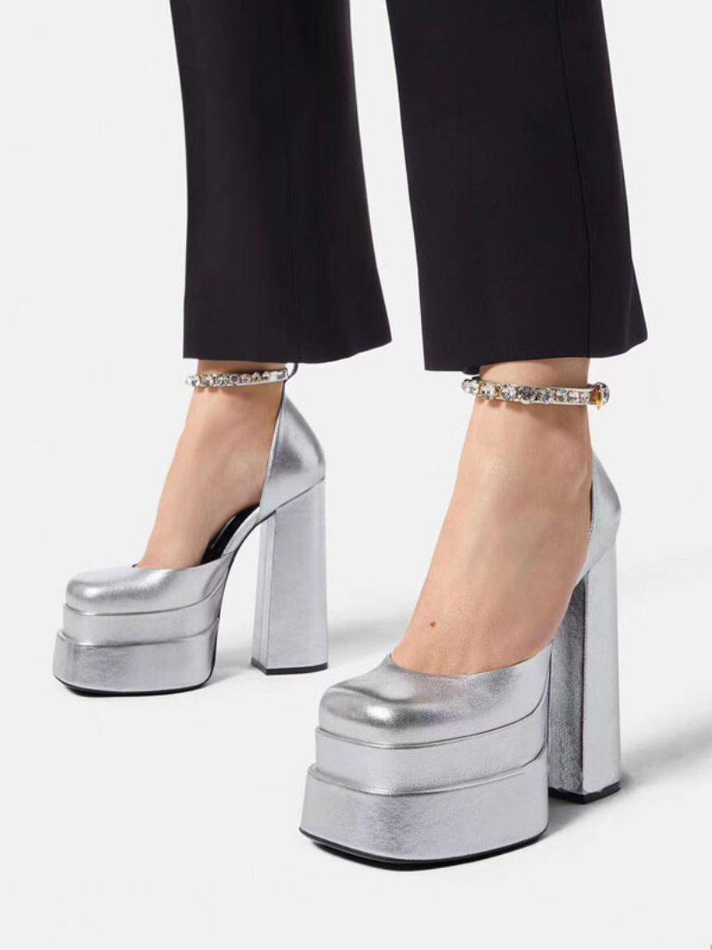 Talons Plateforme Argentés Métalliques Pour Femmes Bout Carré Talon Épais Bride À La Cheville Chaussures Soirée - Argent