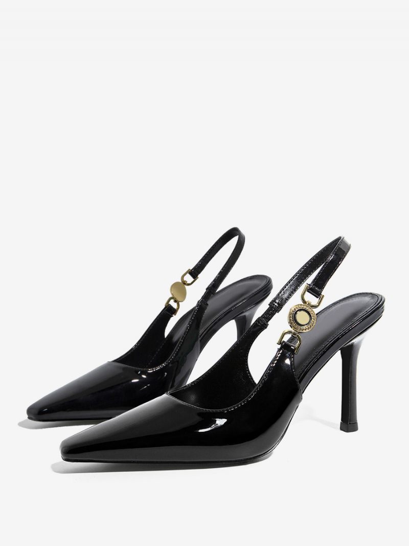 Talons Slingback Pour Femmes Chaussures Habillées Noires À Bout Pointu Avec Strass Et Chaîne