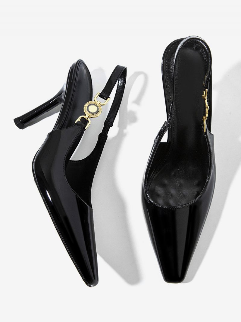 Talons Slingback Pour Femmes Chaussures Habillées Noires À Bout Pointu Avec Strass Et Chaîne - Noir