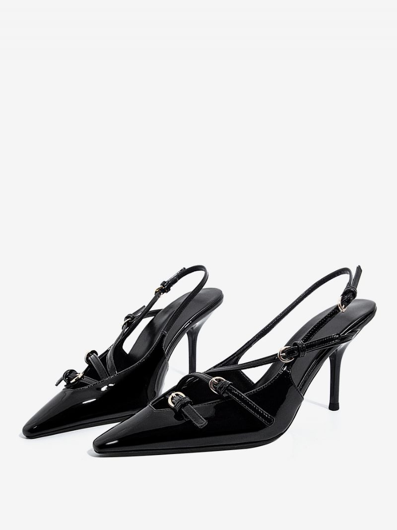 Talons Slingback Pour Femmes Escarpins Noirs À Bout Pointu Avec Boucle Et Talon Aiguille